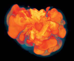 Первичный Взрыв сверхновой происходит несимметрично, что сильно затрудняет его компьютерное моделирование