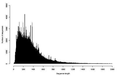 Рис. 9. Распределение транслированных аминокислотных последовательностей по числу минокислотных остатков