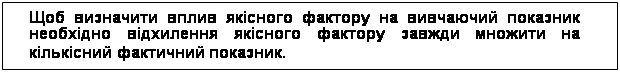 Подпись: Щоб визначити вплив якісного фактору на вивчаючий показник необхідно відхилення якісного фактору завжди множити на кількісний фактичний показник.