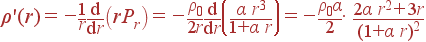 \rho '(r) = -\frac{1}{r}\frac{{\rm d}}{{\rm d}r} \left(rP_r\right) = -\frac{\rho_0}{2r}\frac{{\rm d}}{{\rm d}r} \left(\frac{\alpha r^3}{1+\alpha r}\right) = -\frac{\rho_0\alpha}{2}\cdot \frac{2\alpha r^2+3r}{(1+\alpha r)^2}