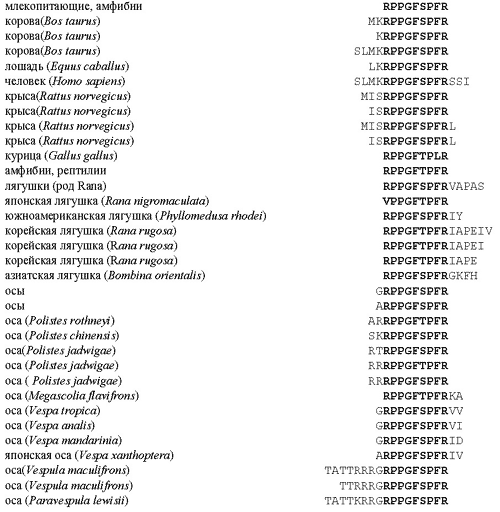 Рис. 13. Первичные структуры природных пептидов брадикининов, полученных из разных живых организмов. Жирным шрифтом указаны квазиконсервативные области