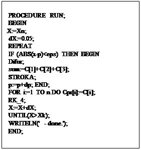 Подпись: PROCEDURE RUN;
 BEGIN
X:=Xn;
 dX:=0.05;
 REPEAT
 IF (ABS(x-p)<eps) THEN BEGIN
 Difur;
 sum:=C(1)+C(2)+C(3);
 STROKA;
 p:=p+dp; END;
 FOR i:=1 TO n DO Cpr(i):=C(i);
 RK_4;
 X:=X+dX;
 UNTIL(X>Xk);
 WRITELN(' - done.');
 END;
