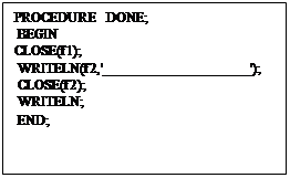 Подпись: PROCEDURE DONE;
 BEGIN
CLOSE(f1);
 WRITELN(f2,'___________________');
 CLOSE(f2);
 WRITELN;
 END;
