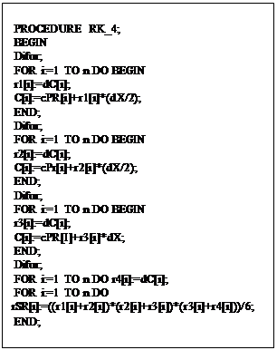Подпись: PROCEDURE RK_4;
 BEGIN
 Difur;
 FOR i:=1 TO n DO BEGIN
 r1(i):=dC(i);
 C(i):=cPR(i)+r1(i)*(dX/2);
 END;
 Difur;
 FOR i:=1 TO n DO BEGIN
 r2(i):=dC(i);
 C(i):=cPr(i)+r2(i)*(dX/2);
 END;
 Difur;
 FOR i:=1 TO n DO BEGIN
 r3(i):=dC(i);
 C(i):=cPR(I)+r3(i)*dX;
 END;
 Difur;
 FOR i:=1 TO n DO r4(i):=dC(i);
 FOR i:=1 TO n DO rSR(i):=((r1(i)+r2(i))*(r2(i)+r3(i))*(r3(i)+r4(i)))/6;
 END;
