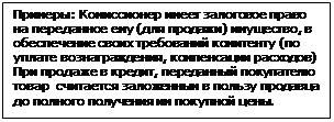 Подпись: Примеры: Комиссионер имеет залоговое право на переданное ему (для продажи) имущество, в обеспечение своих требований комитенту (по уплате вознаграждения, компенсации расходов) При продаже в кредит, переданный покупателю товар считается заложенным в пользу продавца до полного получения им покупной цены.