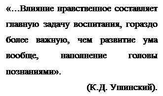 Подпись: «…Влияние нравственное составляет главную задачу воспитания, гораздо более важную, чем развитие ума вообще, наполнение головы познаниями».
(К.Д. Ушинский).