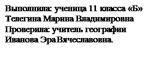 Подпись: Выполнила: ученица 11 класса «Б»
Телегина Марина Владимировна
Проверила: учитель географии Иванова Эра Вячеславовна.

